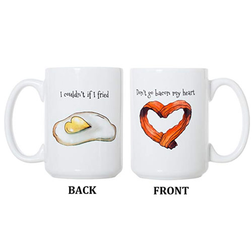Egg and bacon heart mug for breakfast coffee